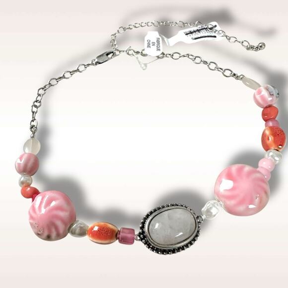 Free People Bohemian Chunky Agnes Choker Silver Pink Beach Boho NWT HTF Layering - Picture 6 of 14